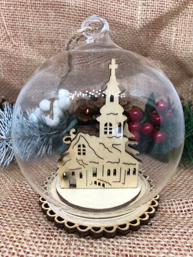 Wooden Christmas Church Scene in Glass Dome Etsy