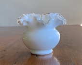 Vintage Fenton Rose Bowl Vase Glass Silver Crest Ruffle Vase Round White Vase