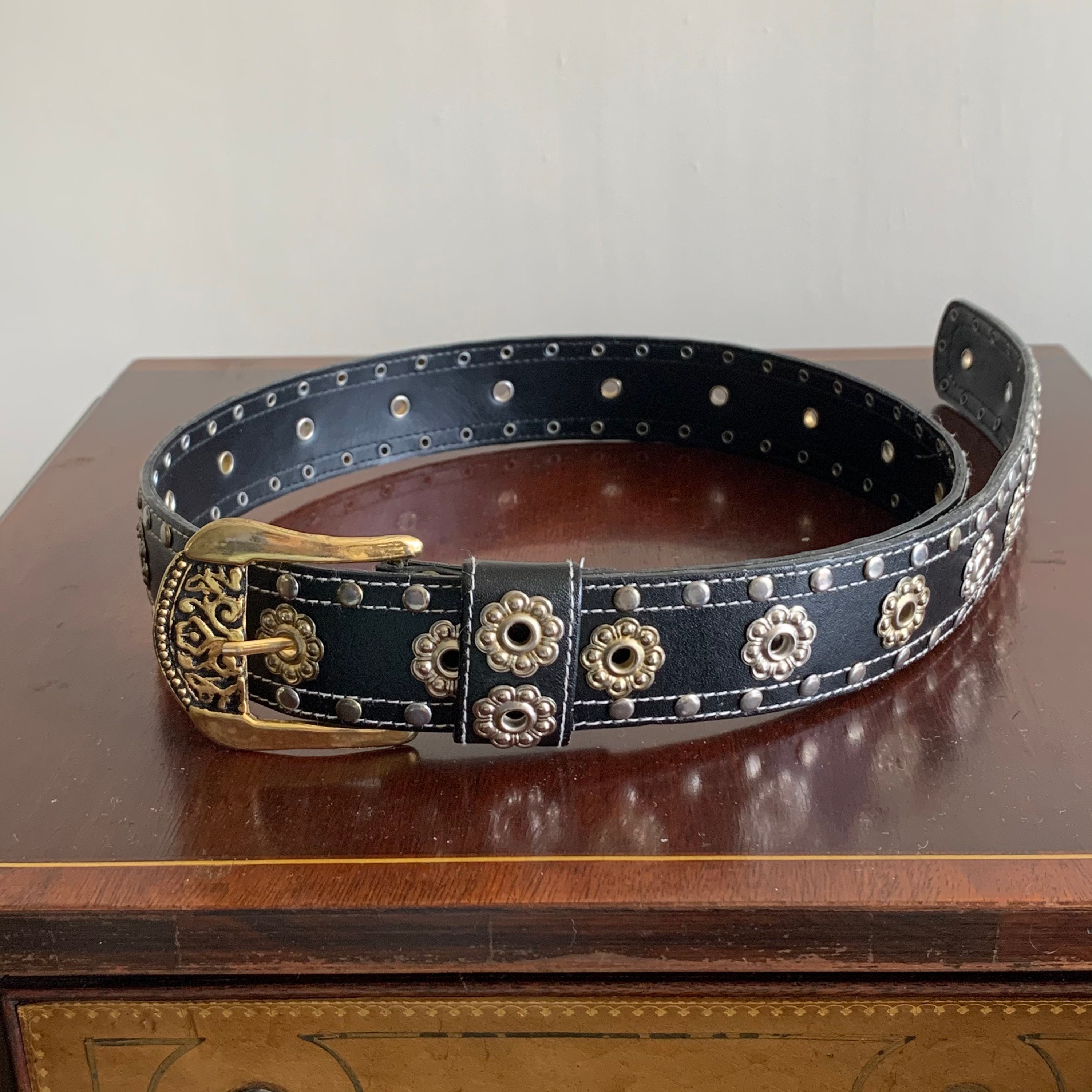 Omega Black Leather Studded Belt Gold Metal Buckle Silver Etsy