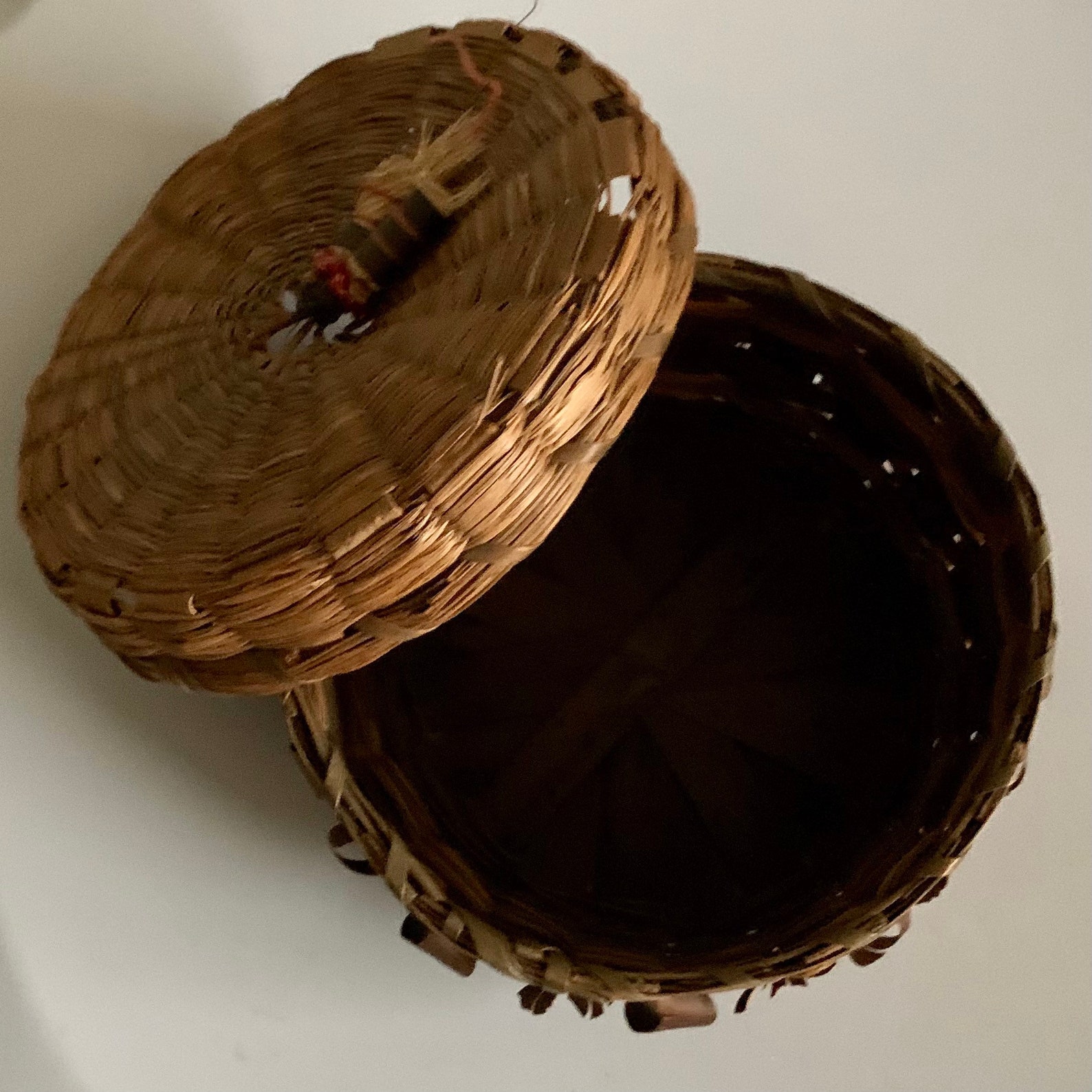 Antique Chinese Sewing Basket Round Covered Woven Wicker Boho Etsy