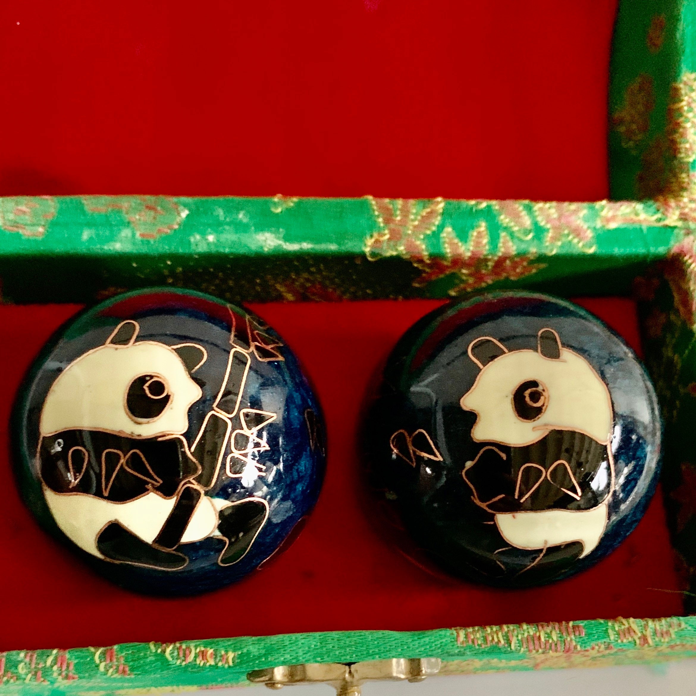 Cloisonné Panda Baoding Chime Meditation Balls Green Brocade Etsy UK