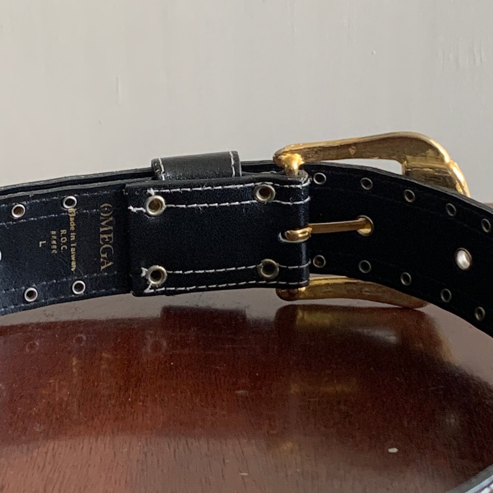 Omega Black Leather Studded Belt Gold Metal Buckle Silver Etsy