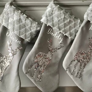 Personalised Grey Stocking, Plush Fully Lined Custom Christmas Stocking, Luxury Unique Sequin Reindeer Stocking