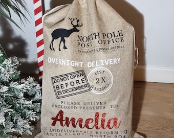XL Personalised Christmas Santa Sack, Custom Hessian North Pole Post Office Christmas Gift Sack