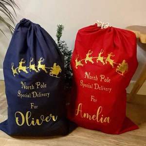 Extra Large Personalised Santa Christmas Sack, Red, Navy Blue Santa Sack, Gold Glitter Reindeer Personalised Luxury Custom Christmas Sack