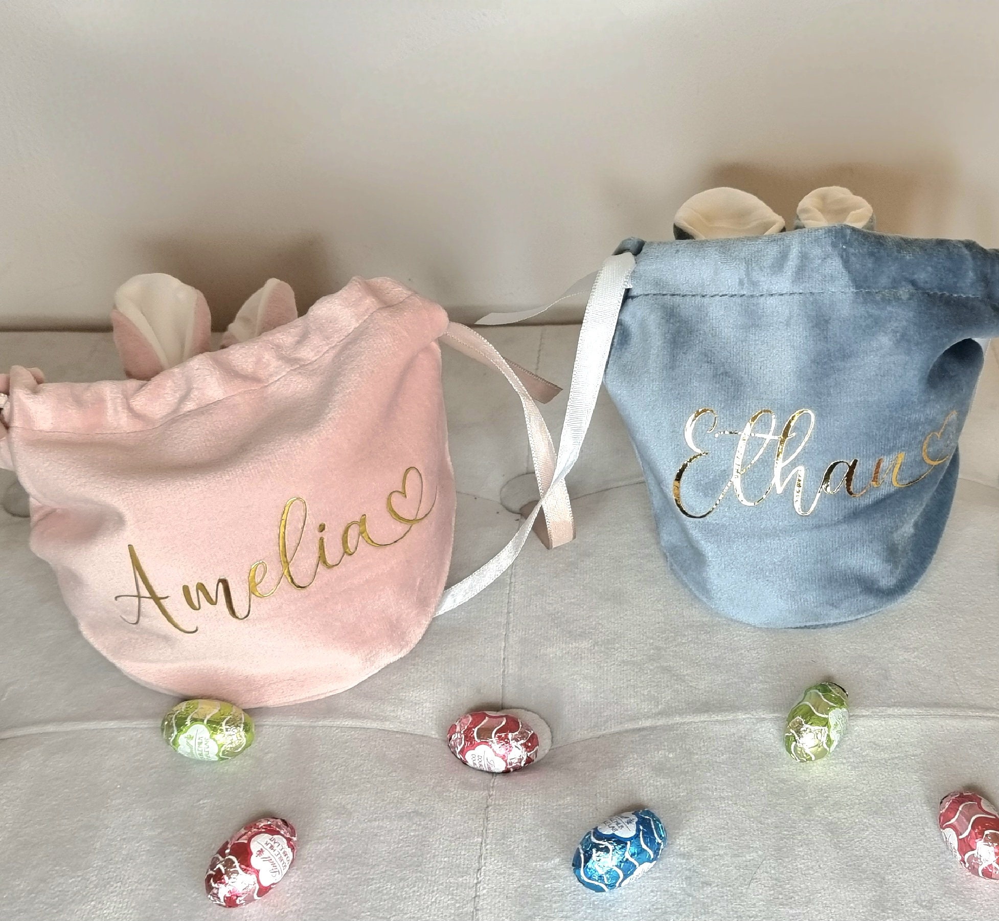 Personalised Easter Gift Bag, Velvet Bunny Ear Gift Bag For Easter Eggs