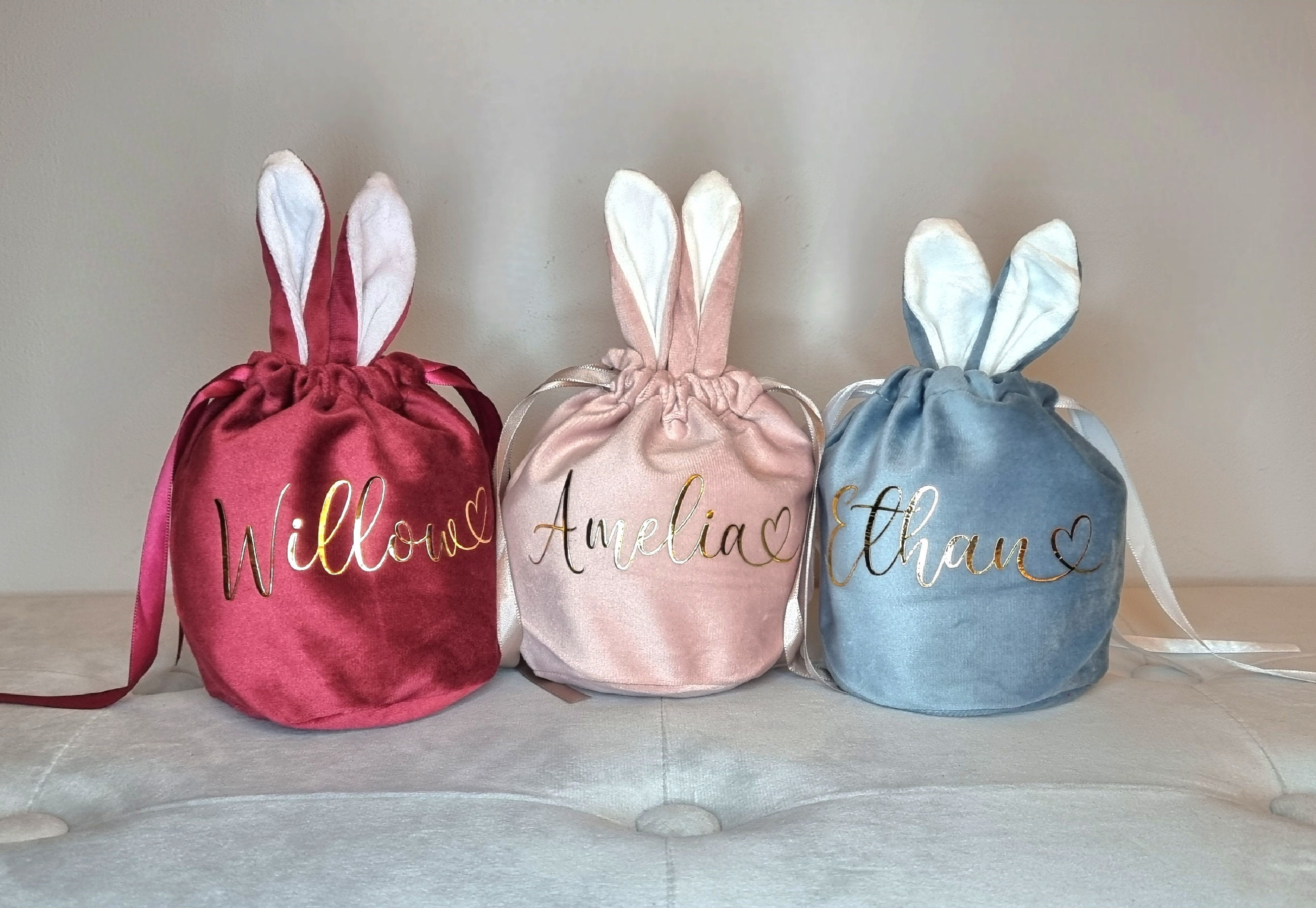 Personalised Easter Gift Bag, Velvet Bunny Ear Gift Bag For Easter Eggs