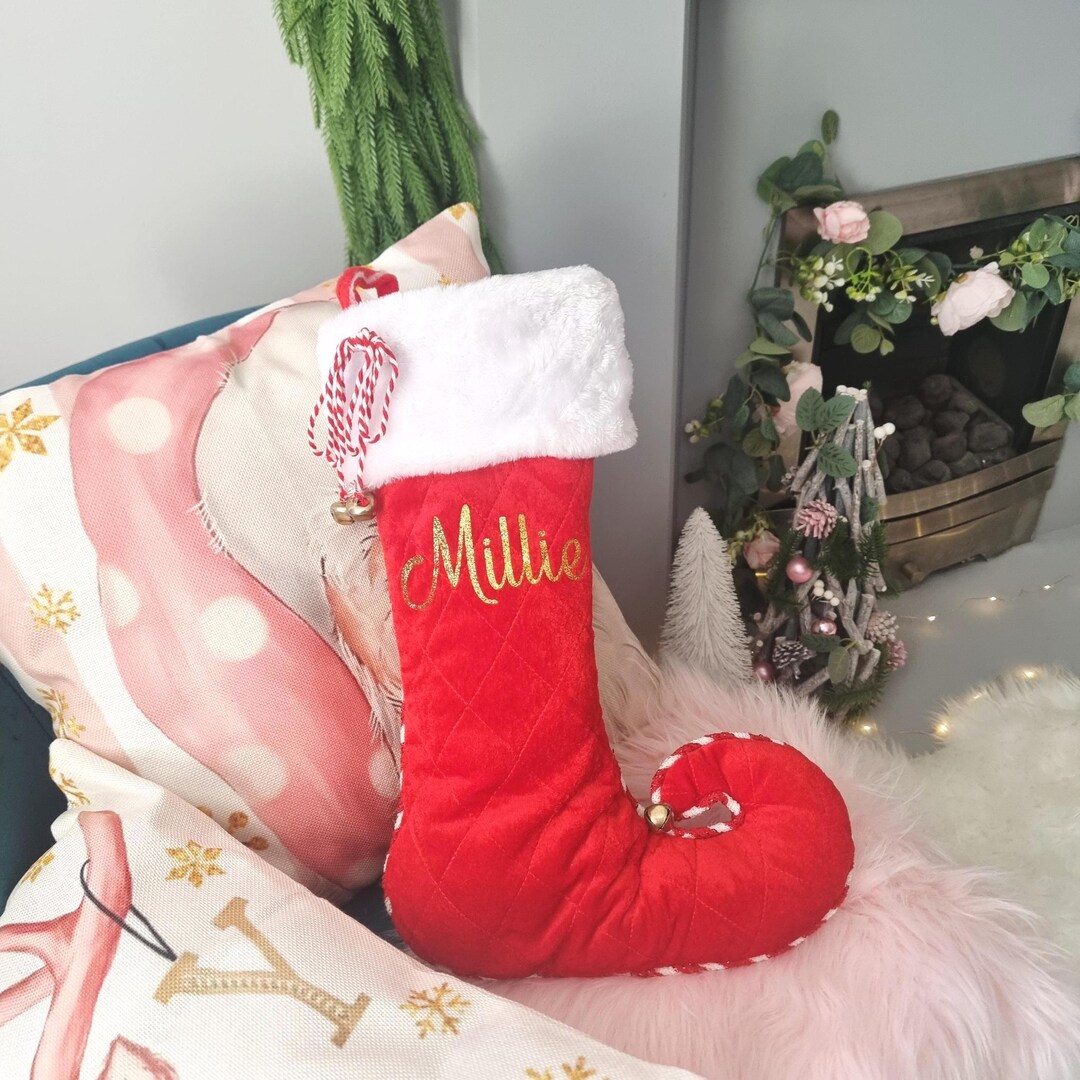 Personalised Red Velvet Christmas Stocking With Curlicue Elf Boot ...