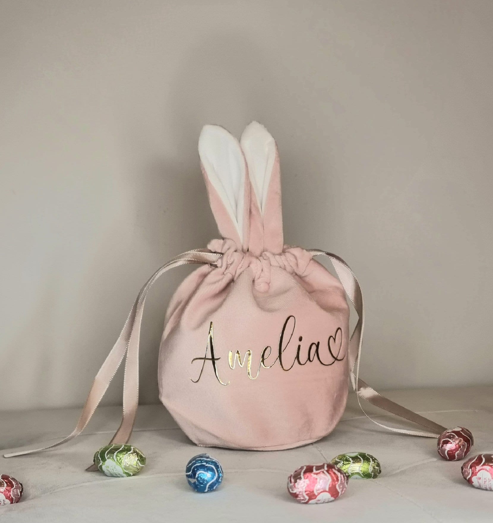 Personalised Easter Gift Bag, Velvet Bunny Ear Gift Bag For Easter Eggs