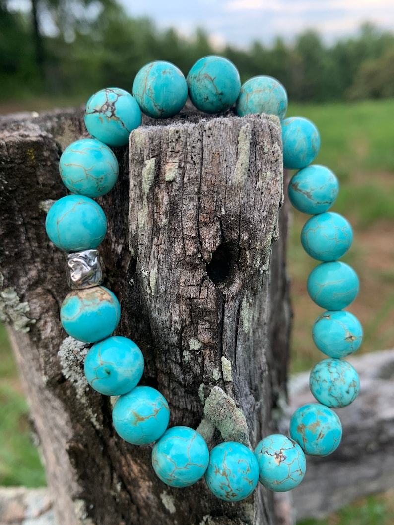 Genuine Turquoise Handmade Gemstone Jewelry Women/'s or Men/'s Bracelet Real Stones Sterling Silver Heart Detail