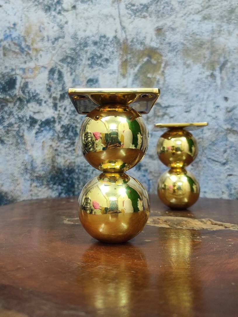 Set of 4, 4 Inches, DIY Heavy Duty ARTISTIC Solid BRASS Double Round Sofa Legs, Couch Legs, Table Cabinet Bed Legs, Cabinet Legs.