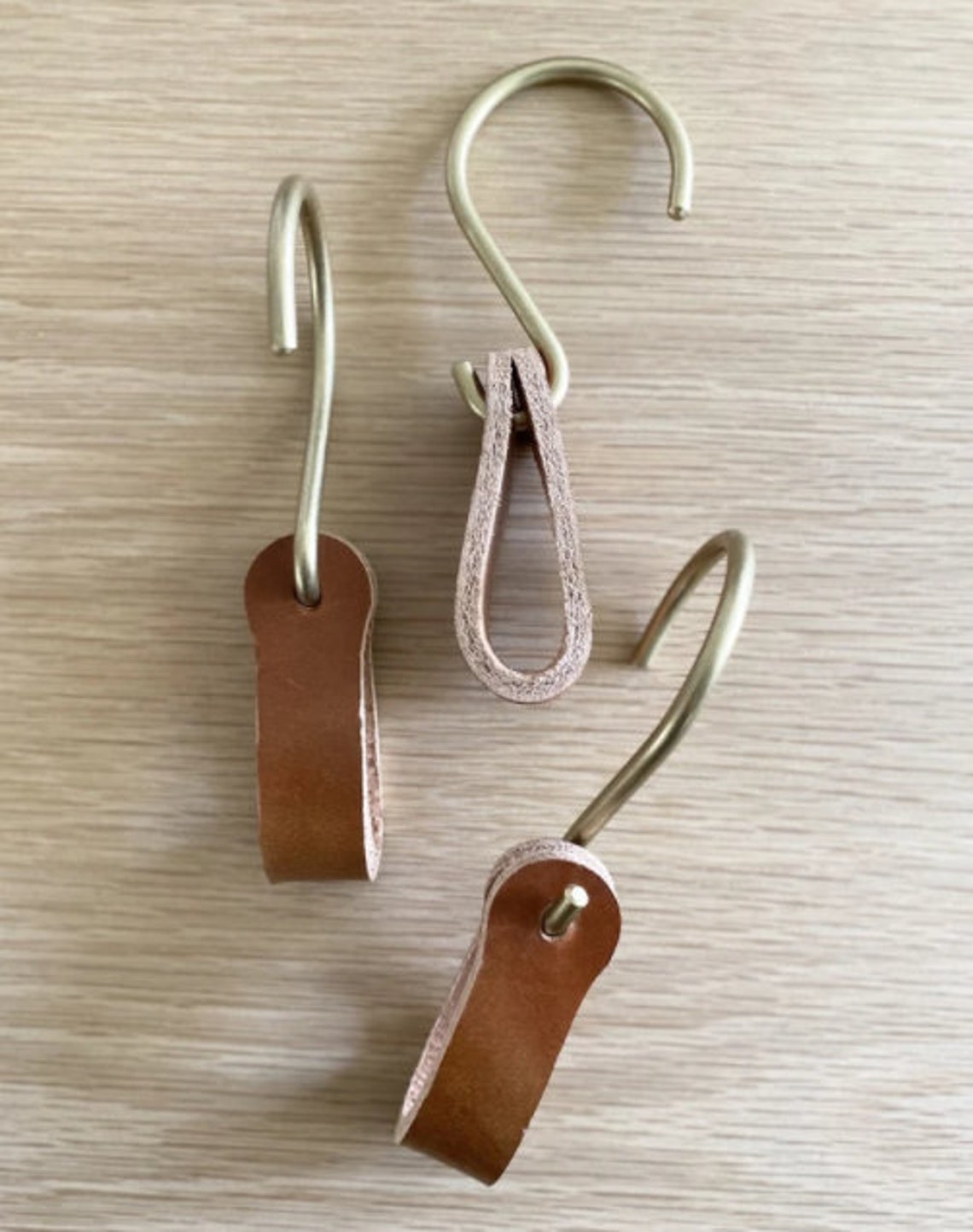 Set of 3 Solid Brass Artistic Leather HOOKS Brown Hanging Etsy