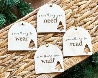 Wooden 4-Gift Rule Tags | Minimalist Wood Gift Tags | Want Need Wear Read Tags | Reusable Gift Tags | Rustic Christmas Tags | Kids Christmas