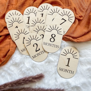 Marqueurs d'étape Sunshine | Jalons ovales en bois | Jalons mensuels de bébé | Cartes d'étape | Accessoires photo mensuels pour bébé | Pépinière bohème