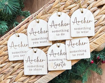 Personalized Wooden Gift Tags | 4 Gift Rule and Extras | Want Need Wear Read | Minimal Christmas Gift Tags | Holiday Tradition Tags