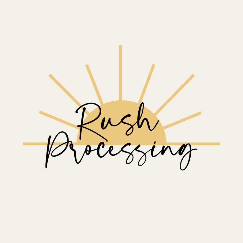 May include: A logo featuring the words "Rush Processing" in a cursive font, set against a backdrop of a stylized yellow sunburst design. The background is a soft cream color.
