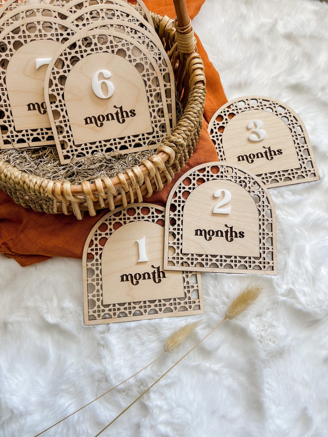 Rattan Baby Milestone Markers | Boho Monthly Milestone | Wooden Baby ...
