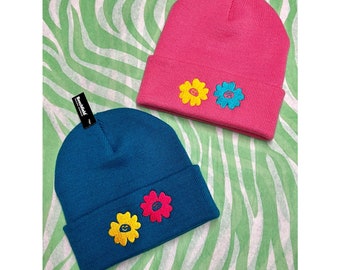 Mixed emotions embroidered beanie hats / Soft unisex warm winter hats with happy and sad embroidered flowers