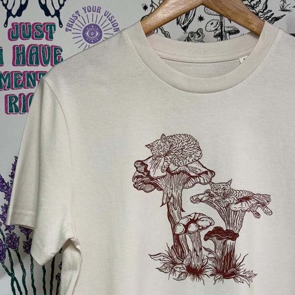 Shroom snooze cats / Cat Print Tee/ Cat Lover Gift/ Hand Screen Printed/ Organic Cotton/ Cat Graphic Tee/ Unisex Fit/ Cat Print/ Fun Tee