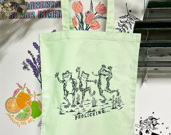 Green Frolicking Frog Tote Bag / Organic cotton tote bag / Shopping Bag/ Tote bag aesthetic / Frog tote bag / Frog print
