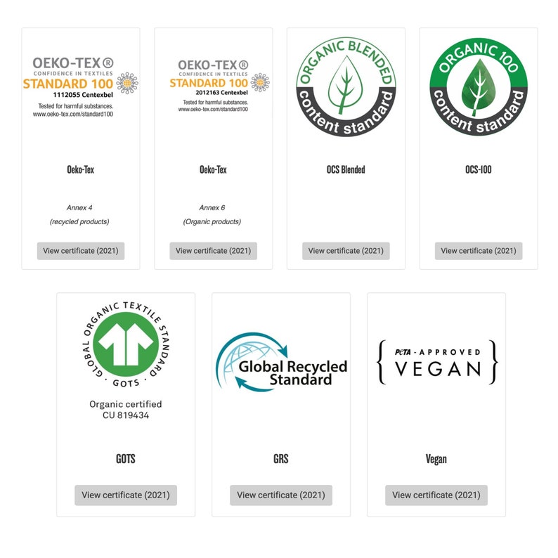 May include: A collection of nine different certifications for textiles, including Oeko-Tex Standard 100, Global Organic Textile Standard (GOTS), Global Recycled Standard (GRS), OCS Blended, OCS 100, and Vegan. Each certification has a logo and text describing the standard.