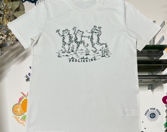 Frolicking Frogs Vintage White T-shirt/  Frogs T-shirt / Frog print / Fun graphic T-shirt /Hand screen printed