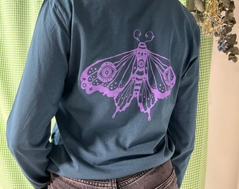 Trust Your Vision Long Sleeve T-shirt /Moth Mystic eye Illustration/Organic Cotton/Hand screen printed/Super soft