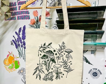 Forest Friends Tote Bag, Hand Screen Printed Mushroom Frog print