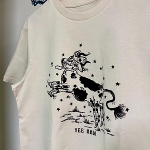 Cowgirl T-Shirt/ Western Cow Print Tee/ Hand Screen Printed/ Organic Cotton/ Unisex Fit/ Eco-Friendly/ Rodeo Aesthetic/ Vintage Western image 4