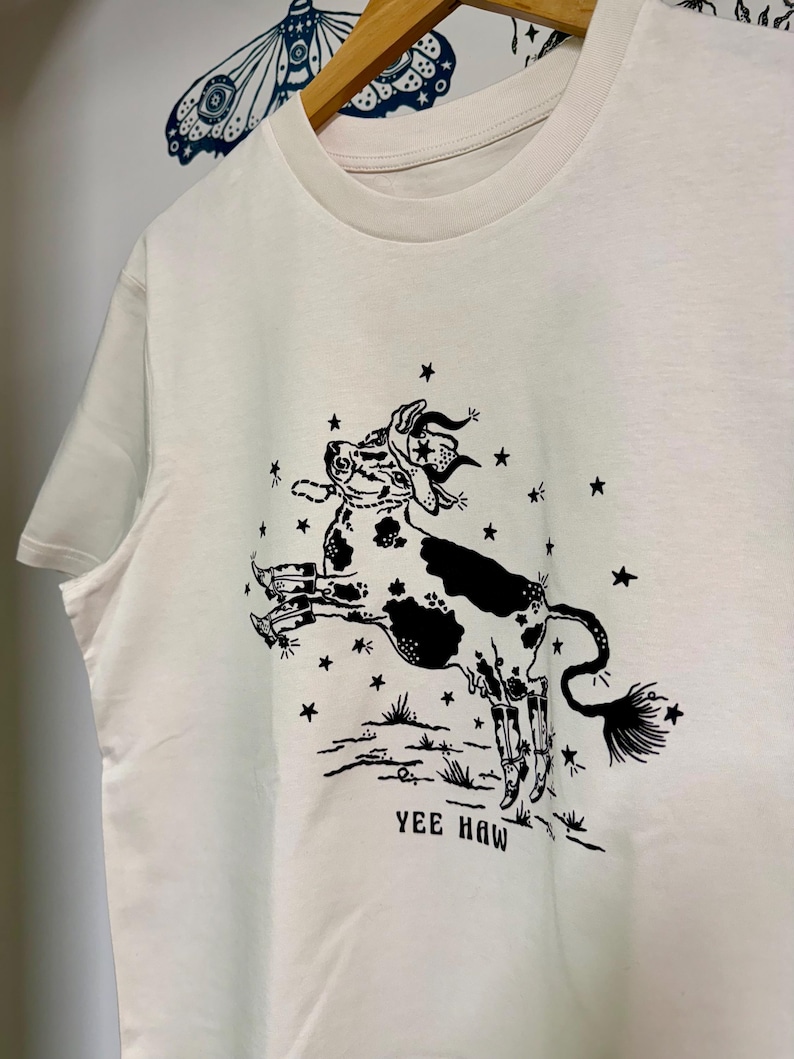 Cowgirl T-Shirt/ Western Cow Print Tee/ Hand Screen Printed/ Organic Cotton/ Unisex Fit/ Eco-Friendly/ Rodeo Aesthetic/ Vintage Western image 4