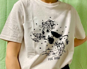 Cowgirl T-Shirt/ Western Cow Print Tee/ Hand Screen Printed/ Organic Cotton/ Unisex Fit/ Eco-Friendly/ Rodeo Aesthetic/ Vintage Western