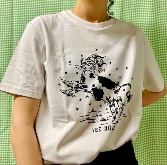 Cowgirl T-Shirt/ Western Cow Print Tee/ Hand Screen Printed/ Organic Cotton/ Unisex Fit/ Eco-Friendly/ Rodeo Aesthetic/ Vintage Western
