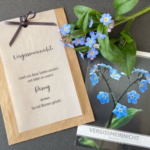 Fleur de Ne m'oublie pas · myosotis · sacs en papier élégants · personnalisé · condoléances · y compris les graines de fleurs · chagrin