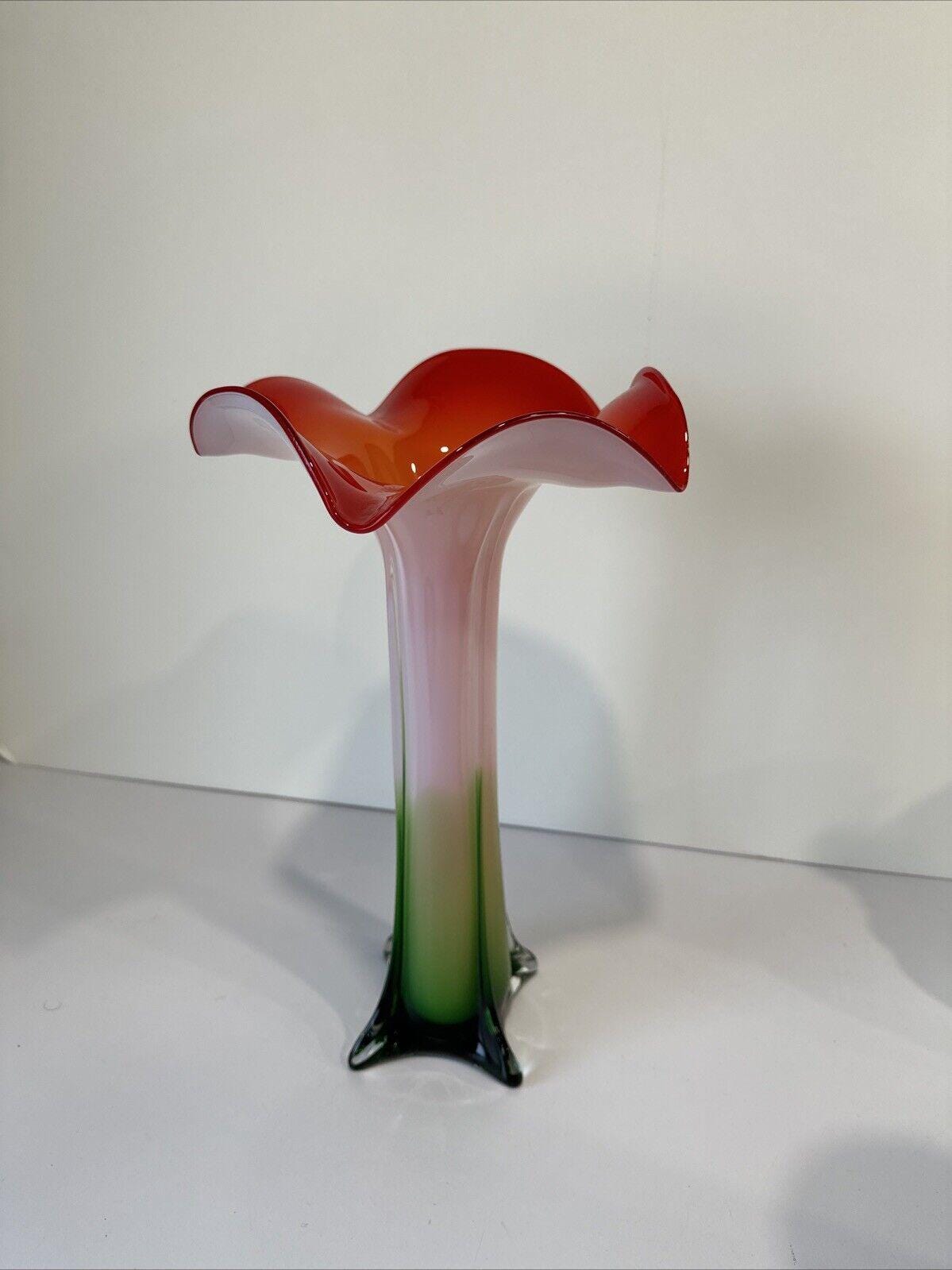 Calla Lily Open Bloom Tulip Trumpet Vase Red Green White Murano Style Art Glass