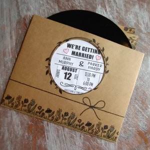 Faire-part de mariage- 45 tr/min disque vinyle faire-part-invitation en vinyle-échantillon de carte-invitation recyclée-musique mariage-bohème-country-rock & roll