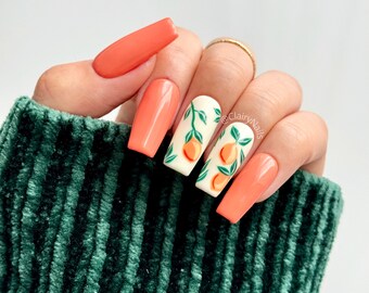 Faux ongles "Tuscan Summer" | Nail Art Orange Fruit Feuillage Botanique | Faux ongles à coller Réutilisables | Ongles en gel faits main