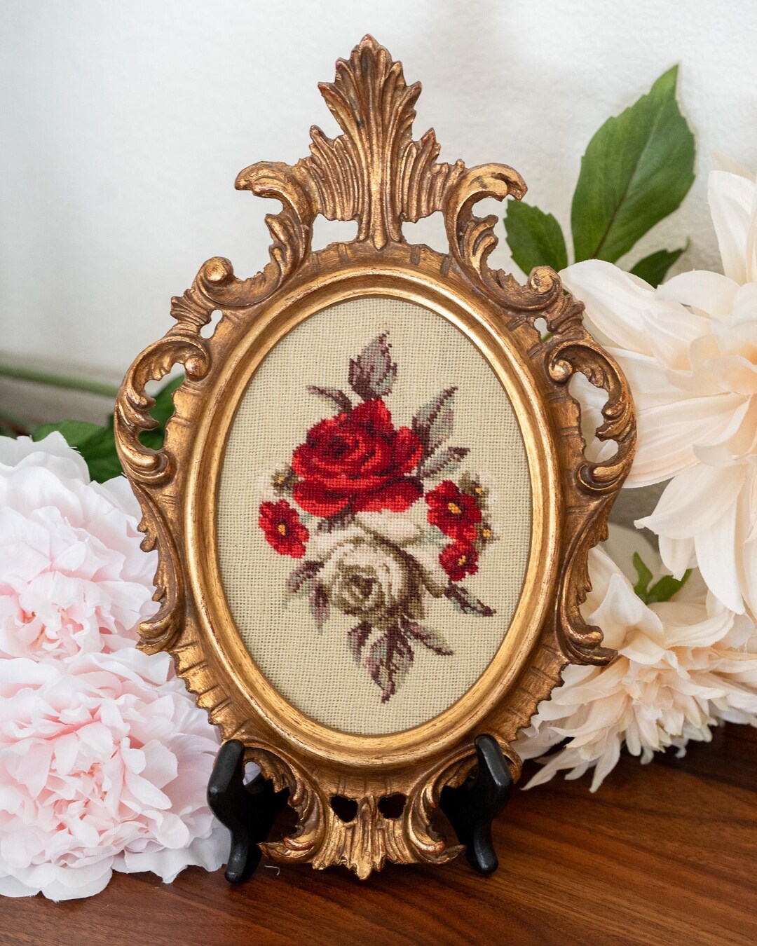 Needlepoint Florals in Ornate Gold Oval Frame - Etsy