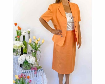 90's Orange Skirt Suit Set w/ Tortoise Shell Buttons by Kasper for A.S.L | Sz S-M