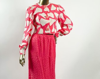 1990's David Hayes Silk Pink and White Matching Skirt Suit Set  | Sz XS-S