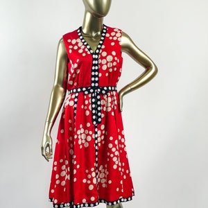 1970’s Shannon Rogers for Jerry Silverman Red polka dot A-like dress with Black Piping