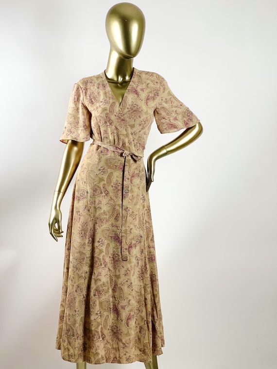 Vintage Tan and Pink Floral Wrap Dress by Liz Clai