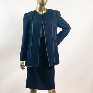 1980’s David Hayes Neiman Marcus Black Skirt and Blazer Set Wool with black Gem buttons and silk piping