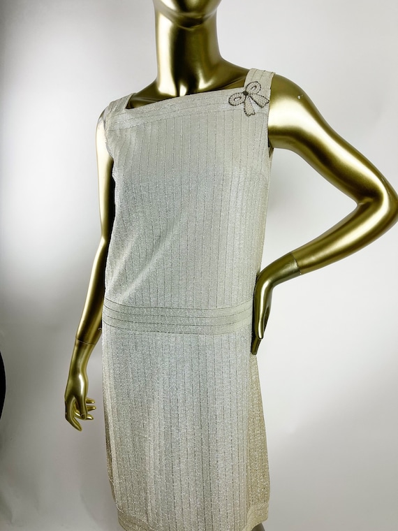 60s/70s Vintage White and Gold Lurex Shift Dress With Square