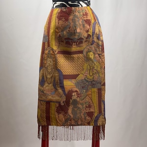 Vintage Midi Skirt with Unique Buddha Print and Beaded Fringe by Anthony Mark Hankins | Sz L