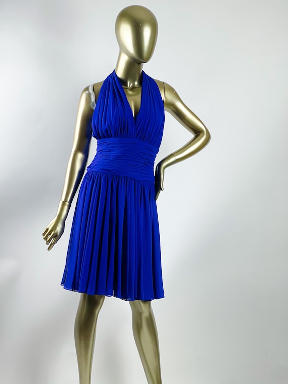 1980s Vintage Blue/Purple Halter Cocktail Dress by A.J. Bari