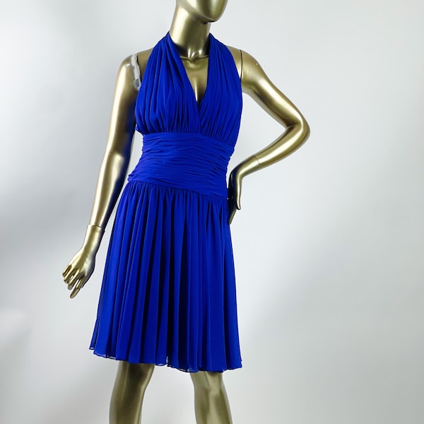 1980s Vintage Blue/Purple Halter Cocktail Dress by A.J. Bari