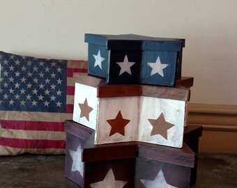 Set of 3 Americana Paper Mache Boxes, Hand Painted, Stars, Rustic, Mantle, Table, Shelf