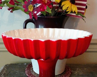 Vintage Royal Haeger Red & Brown Fluted Pedestal Bowl #R1729