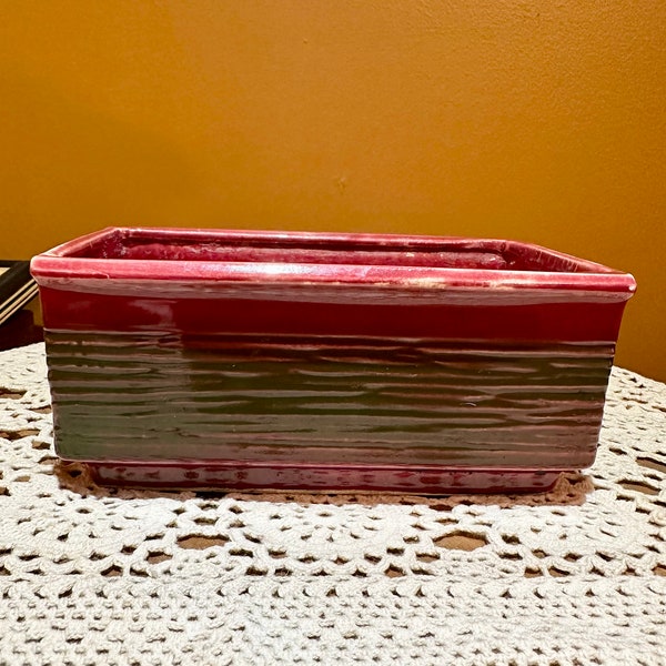 Vintage McCoy Rectangular Planter, Burgundy Red With Green Horizontal Lines. Collectible