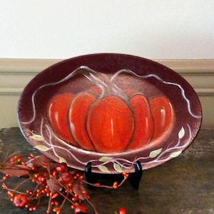 Pumpkin and Leaves Hand Painted on Plate, Fall, Harvest, Autumn, Thanksgiving